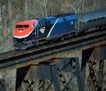 Close up of Phase VII P42 #174 crossing the James River trestle with train 151 in tow